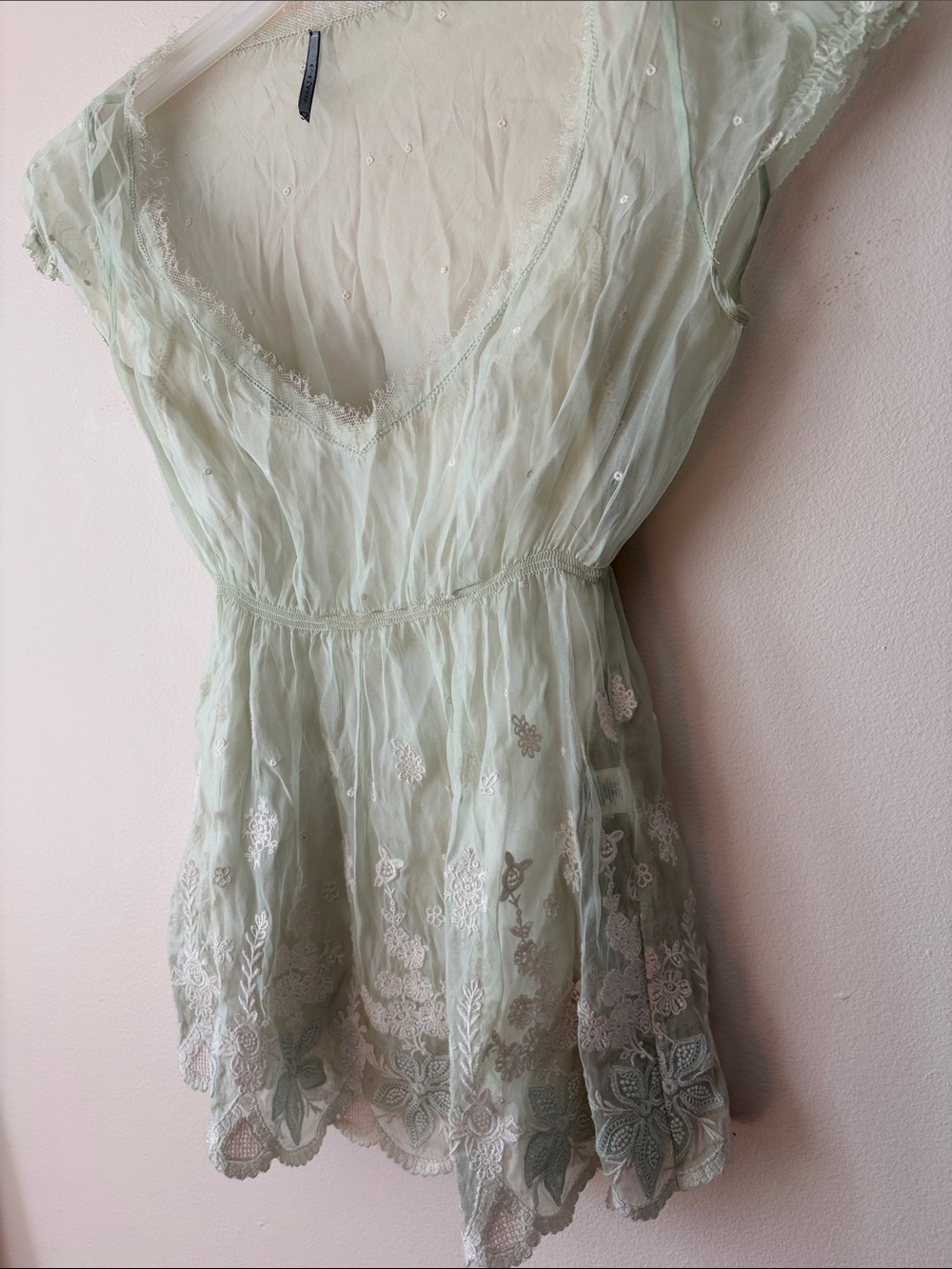 Sheer Lace-Trim V-Neck Blouse in Pale Mint - Picture 2 of 8
